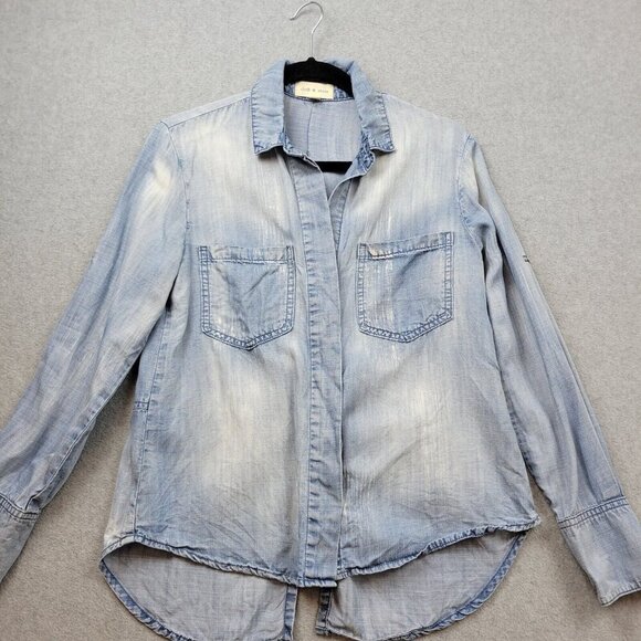Cloth & Stone Shirt Womens XS Faded Blue Denim Shirttail Button Down Bleached - Picture 9 of 9